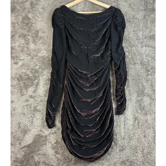 Vintage 80s Ruched Black Gold Metallic Mini Dress Long Sleeve Sheath Size 7 8 - Picture 1 of 12